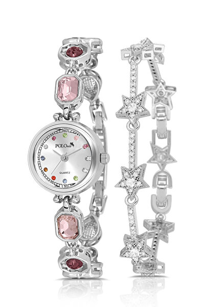 Polo Air ساعة يد نسائية مرصعة بالأحجار الملونة، سوار على شكل نجمة، لون فضي PL-1577B2
