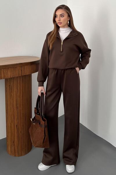 Elbee Fashion Woman Brown Zipper Detailed Scuba Suit