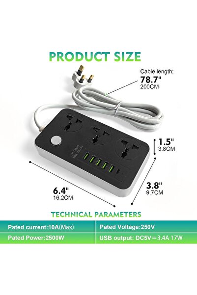 Generic SKY-TOUCH Power Strip 2pcs - 3 Outlets, 5 USB & 1 Type-C, 2M Cord