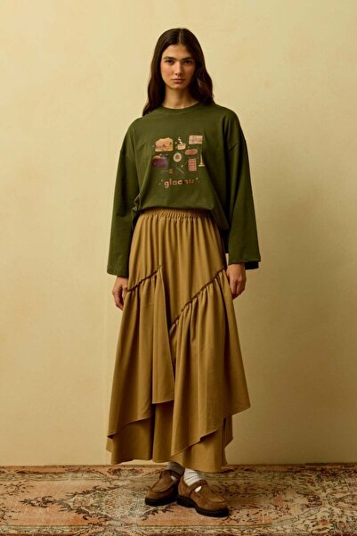 Ceylan Otantik Haki Glochu Printed Basic Body & Caramel Polyviscose Bohemian Floor Skirt Set