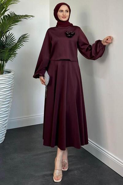 Tesettür Diyarı Σετ φούστας κατάδυσης με λεπτομέρειες λουλουδιών - Βουργουνδία