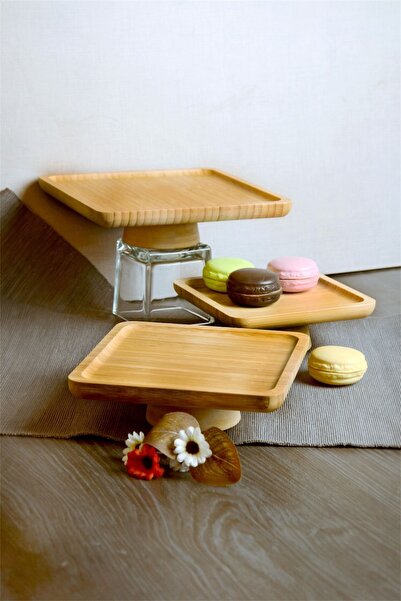 Bayev Bamboo 15 cm Square Footed Presentation Tray 700718 - Wooden Serving Presentation Plate