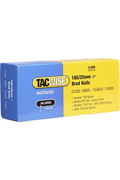 TACWISE 0396 نوع 18G / 25 مم مسامير براد مجلفنة، فضية، عبوة من 5000