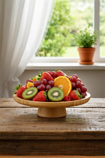 Bayev Bamboo 20 cm Round Footed Presentation Tray 700723 - Wooden Serving Presentation Plate