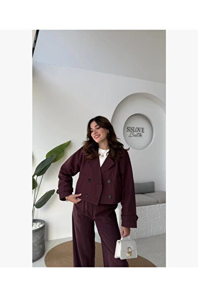 Narstorm Women's Burgundy Crop Short Model Premium Quality Trench Coat