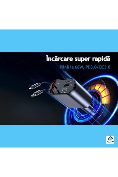 ATOM DEALS Încărcător auto 4 în 1 120W, cabluri retractabile, afișaj tensiune, gri închis