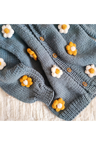 Pamuk Atölye Hand Knitted Daisy Motif Girl's Cardigan 6-7 Years Old