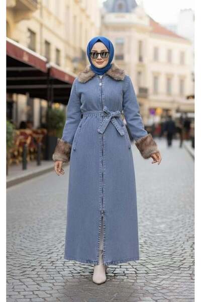 Hb Harma Time Butik Kadın Tüylü Yakalı Kuşaklı Denim Mavi Kot Kap