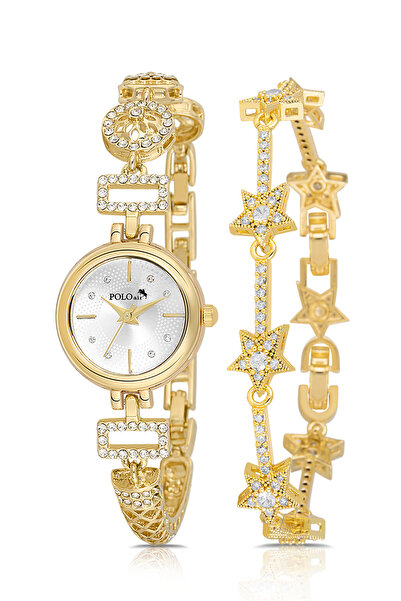 Polo Air Desen Lüx Taşlı Kadın Kol Yıldız Bileklik Kombin Saati Gold Renk PL-...