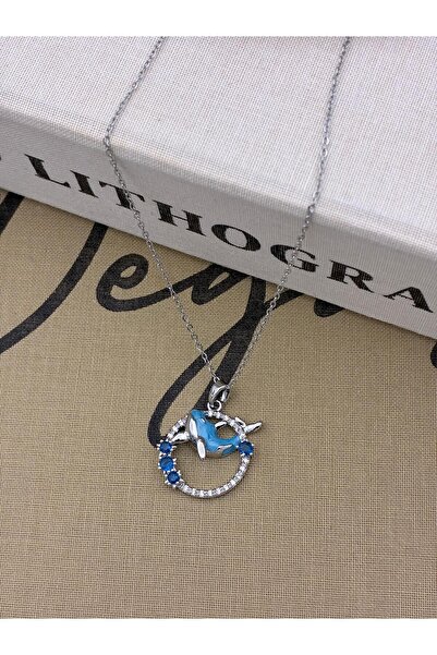 Hedef Bijuteri Steel Silver Color Blue Zircon Stone Detailed Blue Dolphin Necklace
