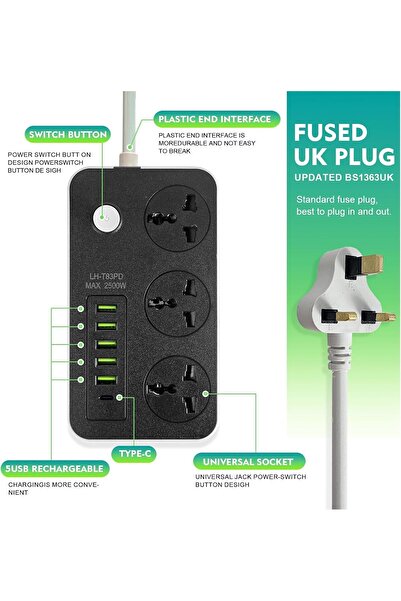 Generic SKY-TOUCH Power Strip 2pcs - 3 Outlets, 5 USB & 1 Type-C, 2M Cord