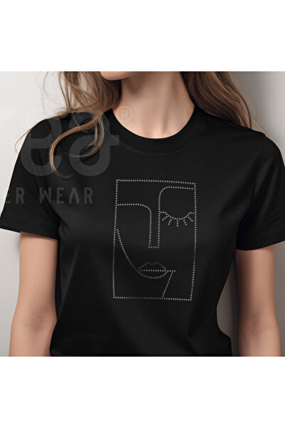Crea Eymer Wear Geometric Linear Face Crystal Stone Printed Cotton Crew Neck T-Shirt Black