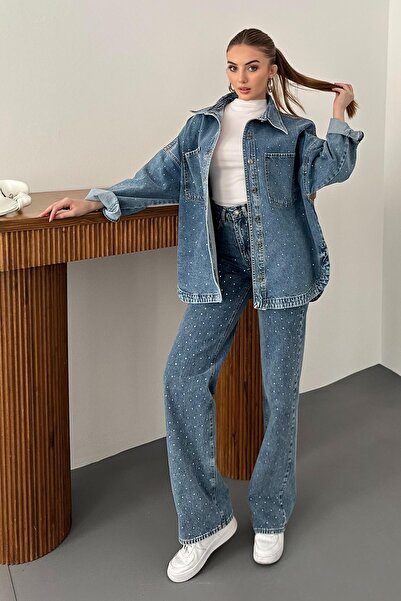 Elbee Fashion Woman Синій камінь Детальний комплект джинсів