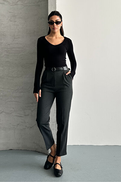 macharel jeans Women's Skinny Leg Pleated Belted Fabric Cigarette Pants