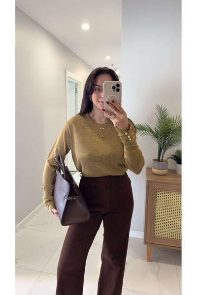 BİRCANÇİL Orenya Khaki Glitter Knitwear with Sleeve Detail