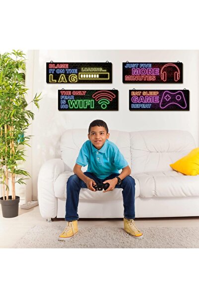 Generic clothmile 4 Pcs Neon Gaming Wall Art - Wooden Video Game Plaques for Boys' Room