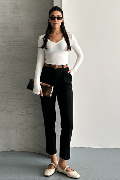 macharel jeans Women's Skinny Leg Pleated Belted Fabric Cigarette Pants