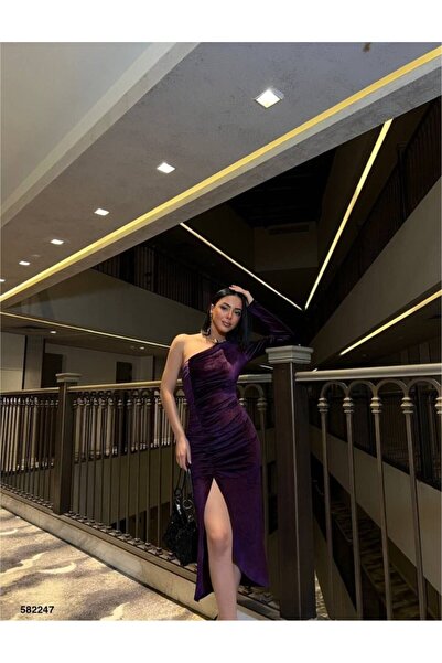 JARDİN ALLURE Women's Long Sleeve Off-Shoulder Dress with Drawstring and Asymmetrical Slit Detail