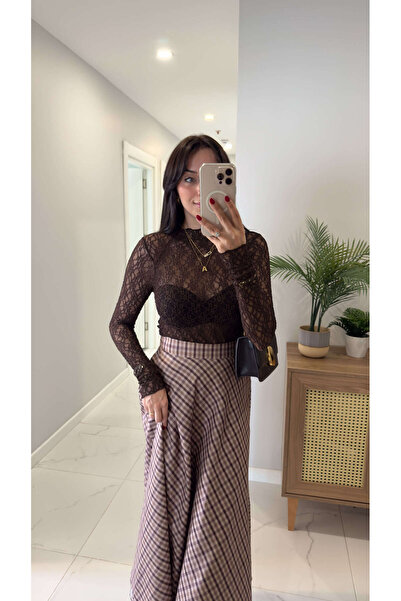 BİRCANÇİL Μπλούζα με δαντέλα Oweta καφέ