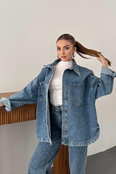 Elbee Fashion Woman Синій камінь Детальний комплект джинсів