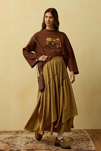 Ceylan Otantik Acı Kahve Glochu Printed Basic Body & Caramel Polyviscon Bohemian Floor Skirt Set