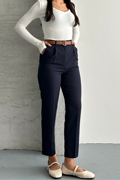 macharel jeans Women's Skinny Leg Pleated Belted Fabric Cigarette Pants