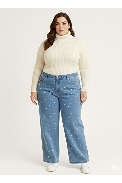 ELONİ Plus Size Luxury Jeans Pearl Stone Detailed High Waist Wide Leg L Stretch Fabric Denim Pants