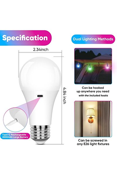 NALACAL Rechargeable A19 LED Light Bulb with Remote, 2-Pack, 15 Colors, Dimmable, E26