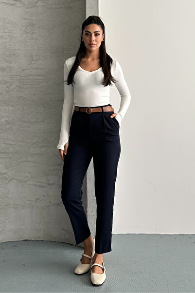 macharel jeans Women's Skinny Leg Pleated Belted Fabric Cigarette Pants