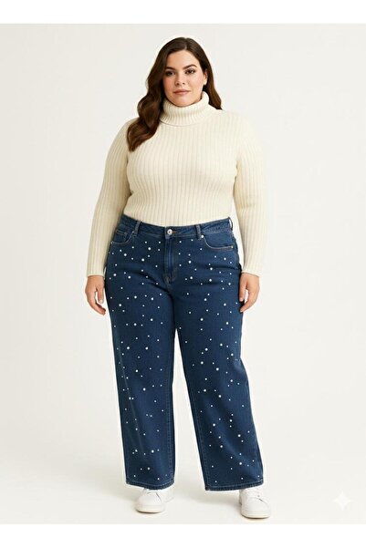 ELONİ Plus Size Luxury Jeans Pearl Stone Detailed High Waist Wide Leg L Stretch Fabric Denim Pants