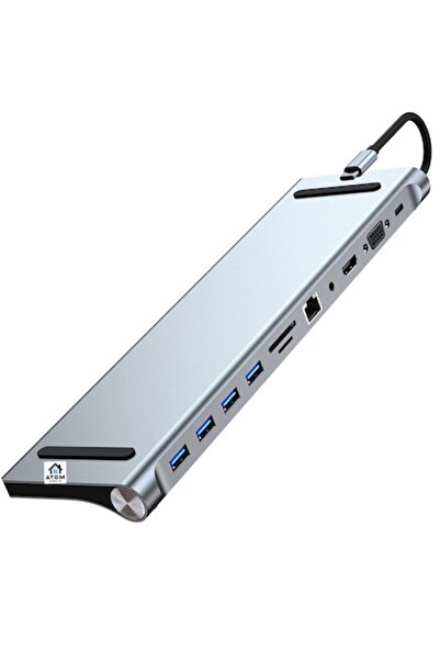 ATOM DEALS 11-in-1 USB-C Multiport Hub - 4K HDMI, VGA, PD100W, Card Reader, Ethernet (Gray)