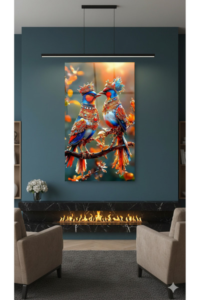 BLT DİZAYN Royal Birds Double Painting – Luxurious Crowned Colorful Birds Decorative Glass Painting