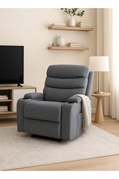 ESMART كرسي استرخاء ثابت من قماش ناعم، مزود بحامل أكواب مزدوج وجيب جانبي، رمادي - 100 سم ارتفاع × 80 سم عرض × 77 سم عمق