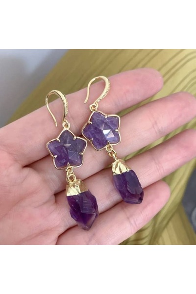 Ezera - Cercei cu ametist, piatră brută, placați cu aur de 18K
