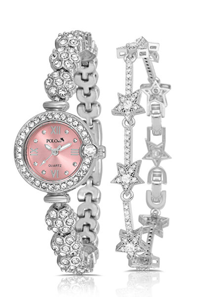 Polo Air Çiçek Desen Kordon Kadın Kol Saati Yıldız Bileklik Kombin Gümüş Pemb...