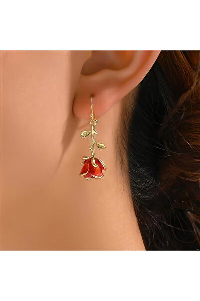 SEVAS GOLD Altın Renk Kadın Kırmızı Gül Küpe