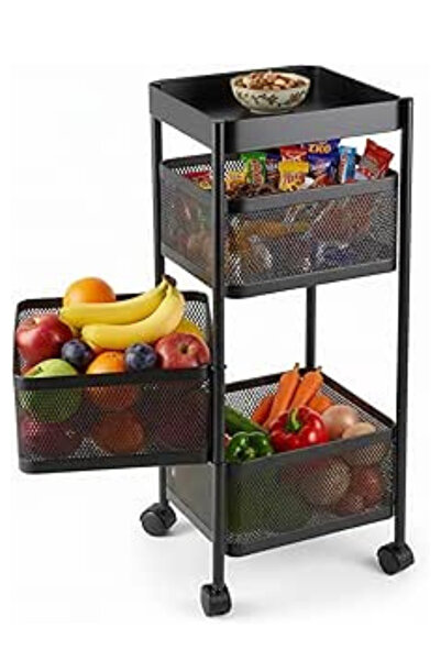 Genaric عربة تخزين مطبخ بثلاث طبقات مع عجلات - رف للفواكه والخضروات للمطبخ (أسود)