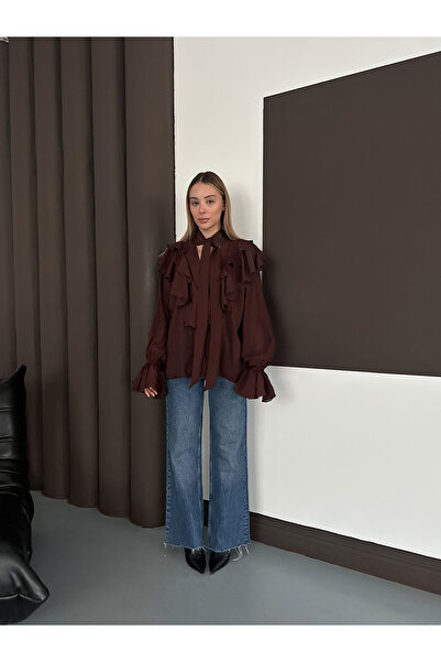 LE CARAMBOLE Women's Brown Collar Tie-Up Ruffle Blouse