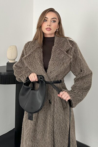 Elbee Fashion Woman Gray leopard detailed leather belted coat