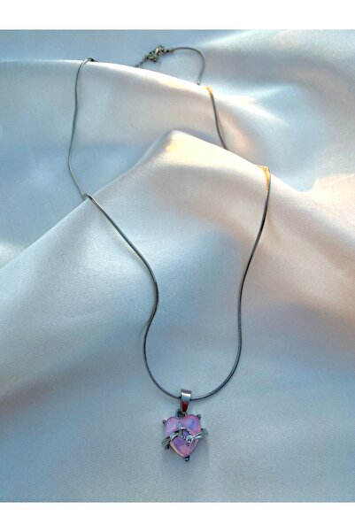 Eylülün Takısı Romantic Pink Heart Silver Model Steel Necklace