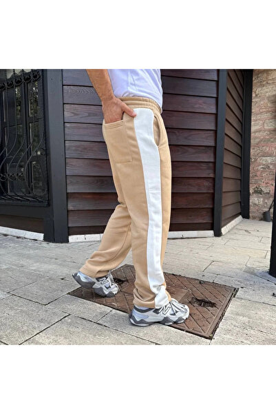 GökTR Men's Three Thread Winter Cotton Side Trim Thick Striped Pocket Sweatpants - Beige