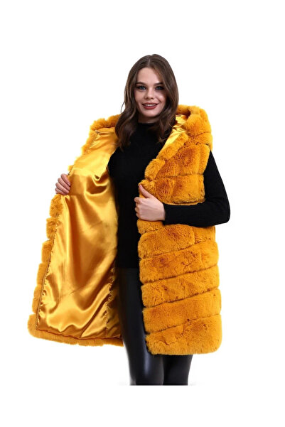 GökTR Women's Hooded Plush Fur Vest Premium Quality, Fully Lined, Long Model - Yellow