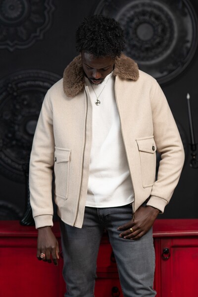 AKÇAYLAR Slimfit Fur Collar Fixed Collar Elastic Waist Lined Cashmere Coat