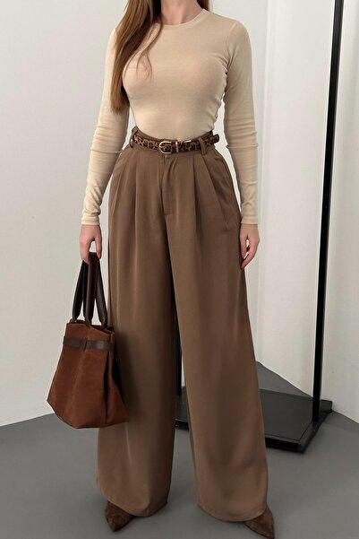 Elbee Fashion Woman Brown Pleated Comfort Pants