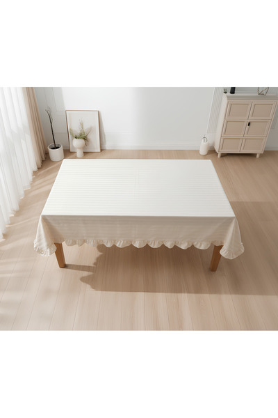 YUNUSOĞLU HOME Ruffled Cream Cotton Stripe Pattern Tablecloth – Stylish and Elegant Design