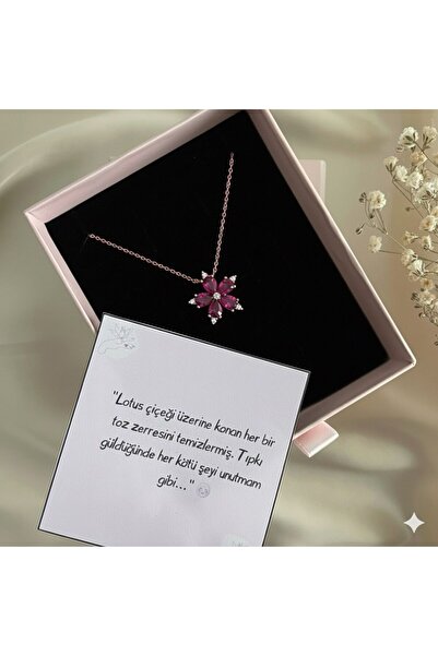Lovera Jewellery 925 Ayar Gümüş Rose Bordo Taşlı Lotus Çiçeği Kolye – Kadın M...