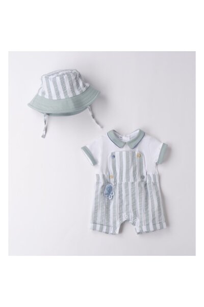 minibanda - Romper and Hat Set for Baby Boy, White/Green, 56 cm
