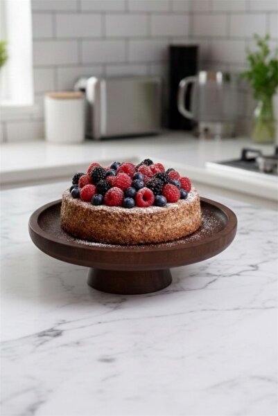 Bayev Bamboo 20 cm Acacia Round Footed Serving Tray 700816 - Wooden Serving Presentation Plate