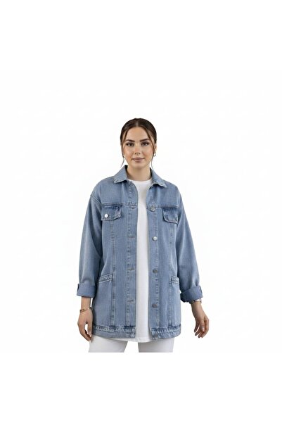 Hb Harma Time Butik Women's Pocket Detailed Denim Blue Denim Jacket