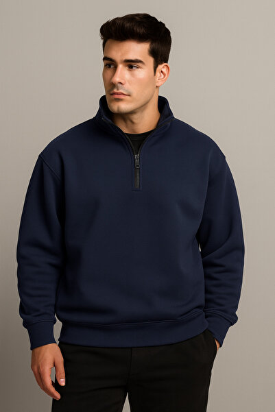 Relax family xf Ανδρικό φούτερ με μισό φερμουάρ ψηλός λαιμός Φούτερ με χοντρό κορδόνι με άνετο κόψιμο